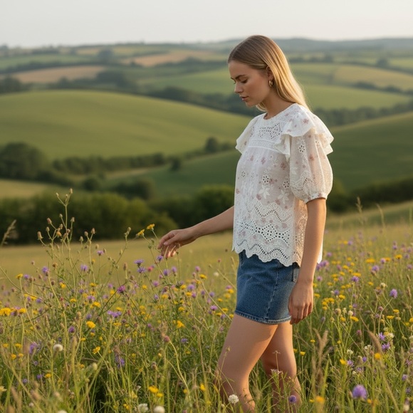 LoveShackFancy Tilda Lace Ruffle Blouse Small Ivory Floral Sheer Top - Picture 6 of 14